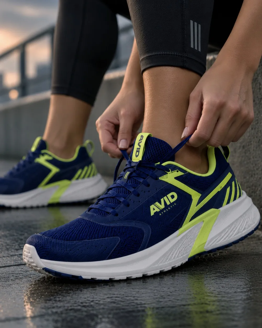 Navy Avid running shoes with lime accents