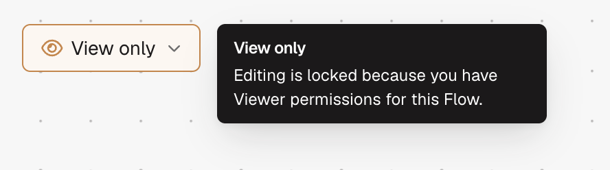 View only pill in the Flow header, highlighted in orange, with a tooltip explaining that editing is locked due to Viewer permissions