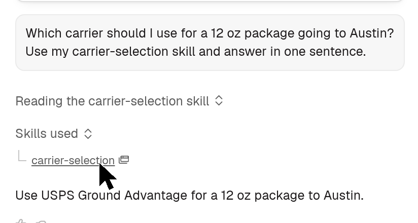 The Skills used list under a Prowork reply, with the cursor hovering a clickable skill.